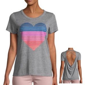 Chaser Women's Heart Graphic Backless Tee M Gray Grey Short Sleeve Top